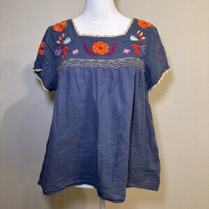 Embroidered Blue Floral Women's Top Blouse